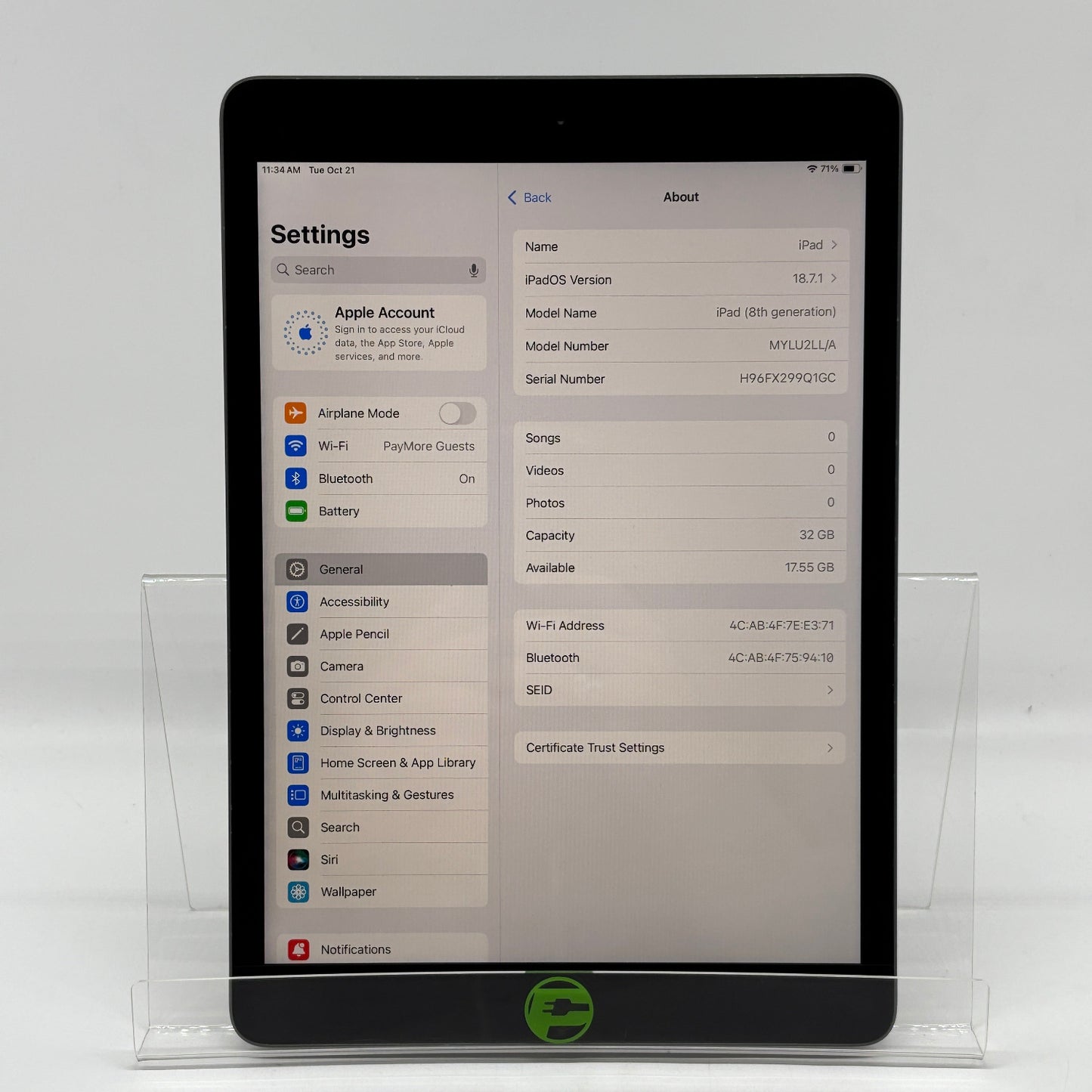 WiFi Only Apple iPad 8th Gen 32GB Space Gray MYLU2LL/A