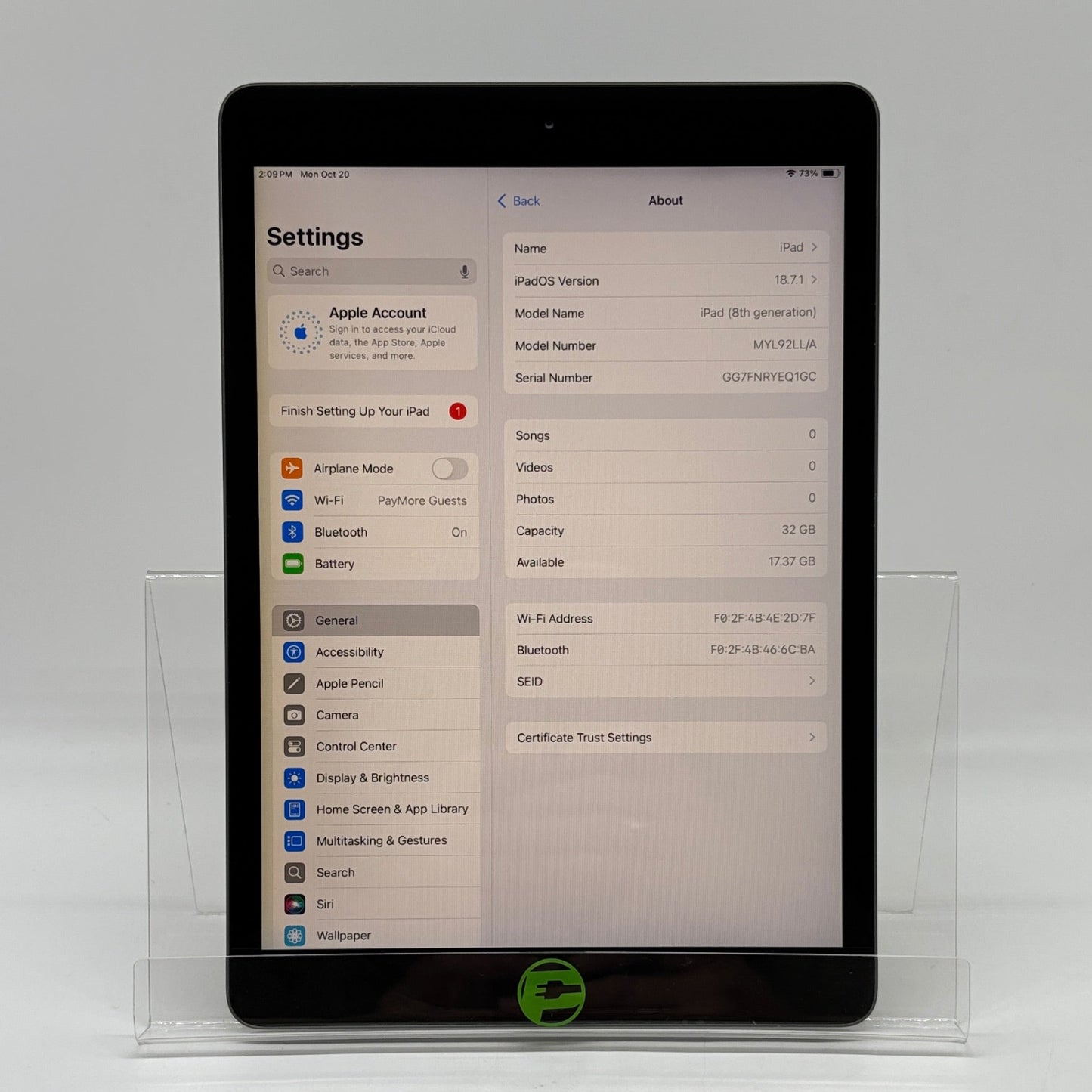 WiFi Only Apple iPad 8th Gen 32GB Space Gray MYL92LL/A