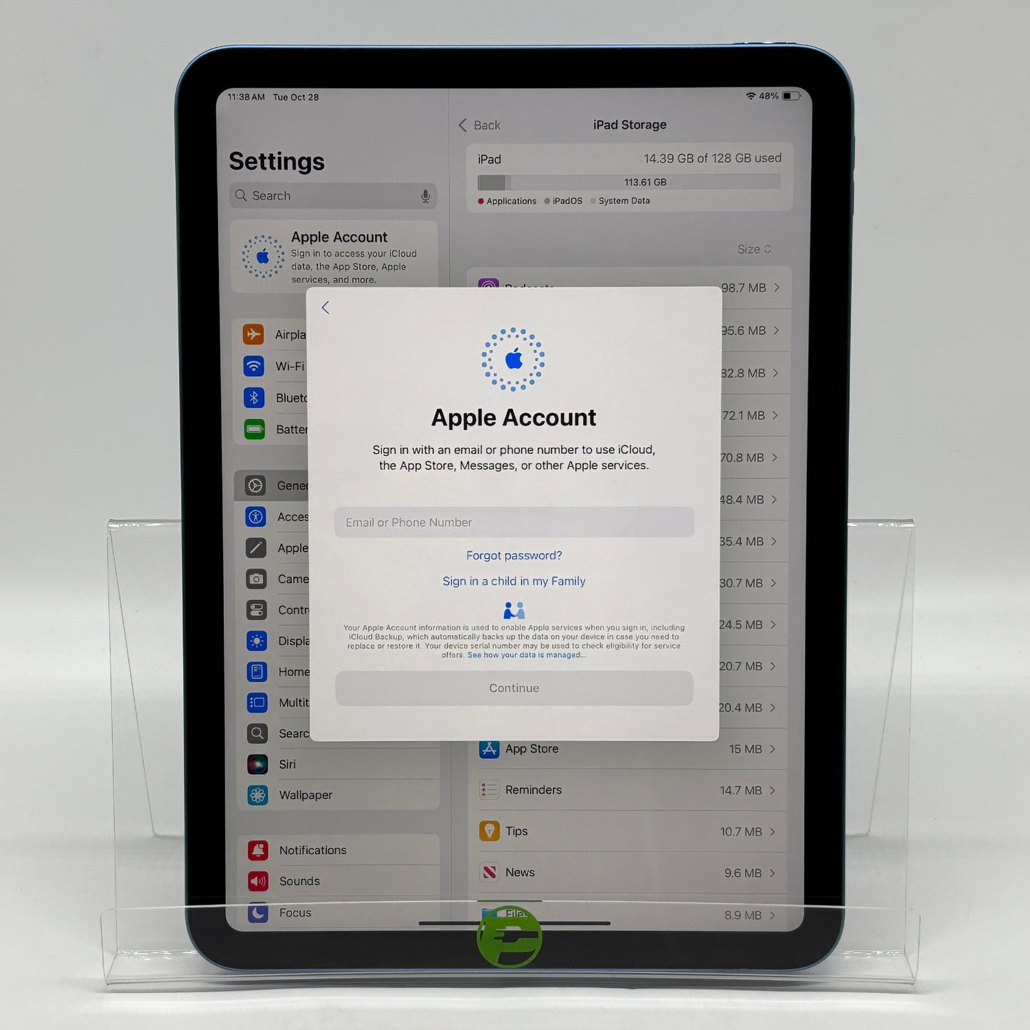 WiFi Only Apple iPad 11" (A16) 128GB 18.5 Blue MD4A4LL/A