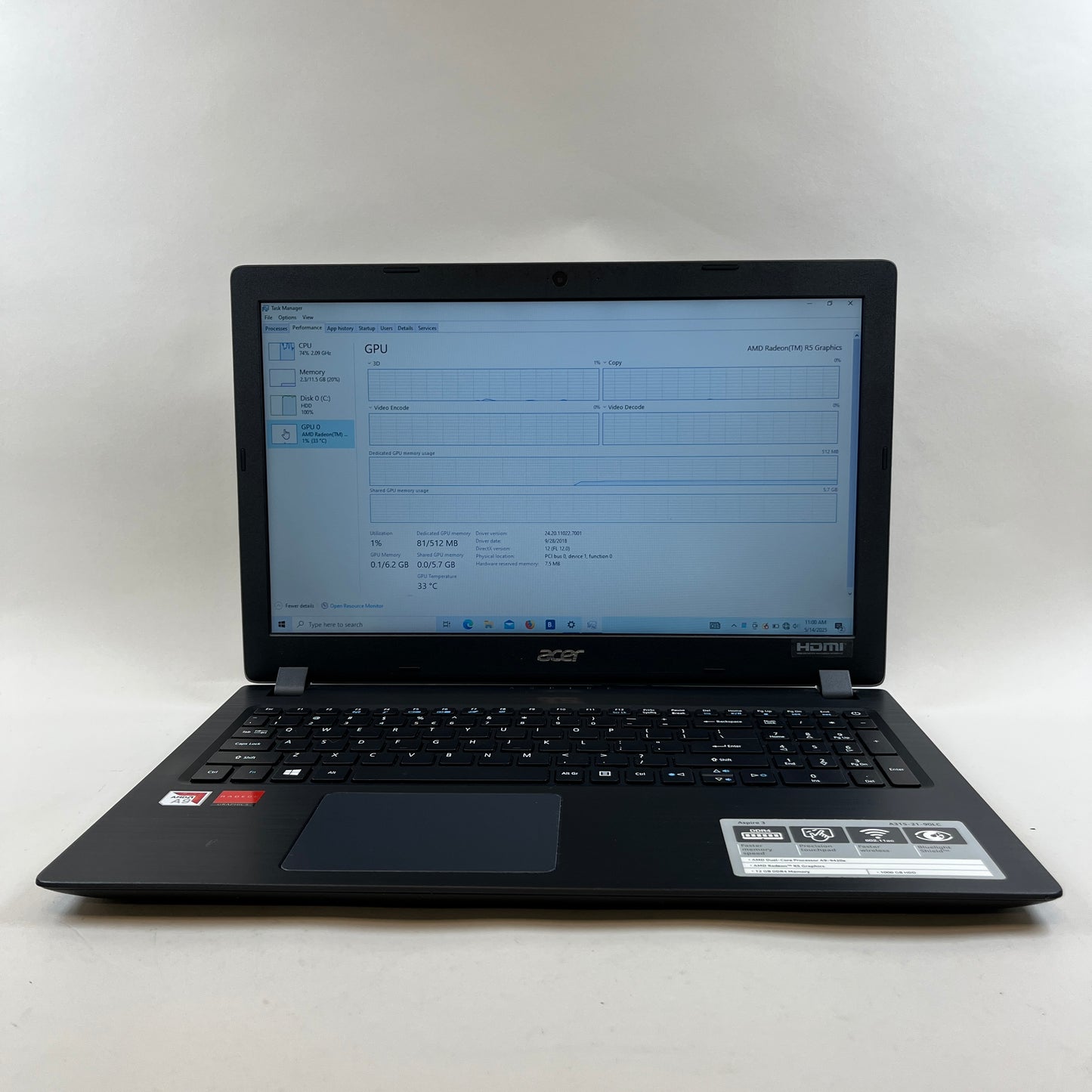 Acer Aspire 3 N17Q3 15.6" AMD A9-9420e RADEON R5 1.80GHz 12GB RAM 1TB HDD