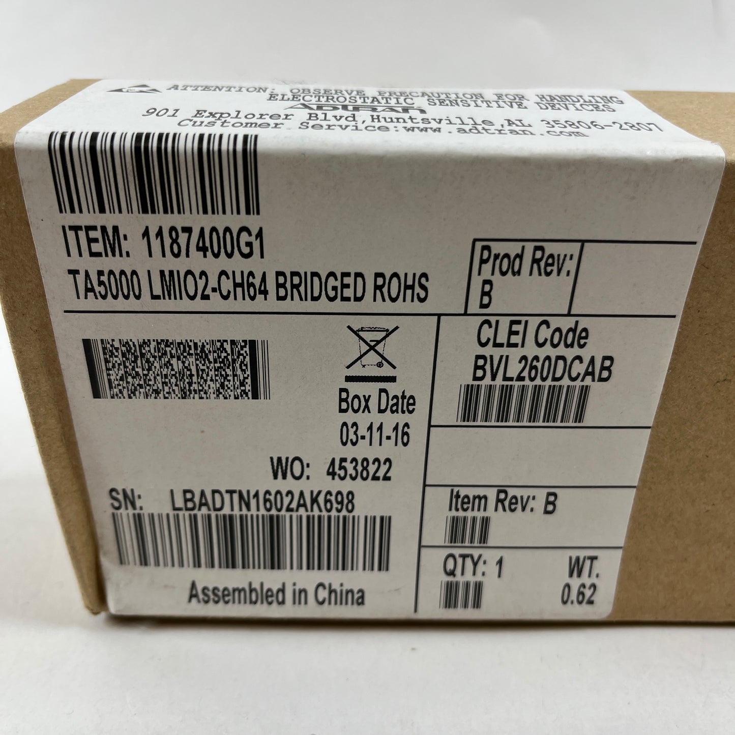 New ADTRAN TA5000 LMIO2-CH64 BRIDGED REAR PANEL 1187400G1