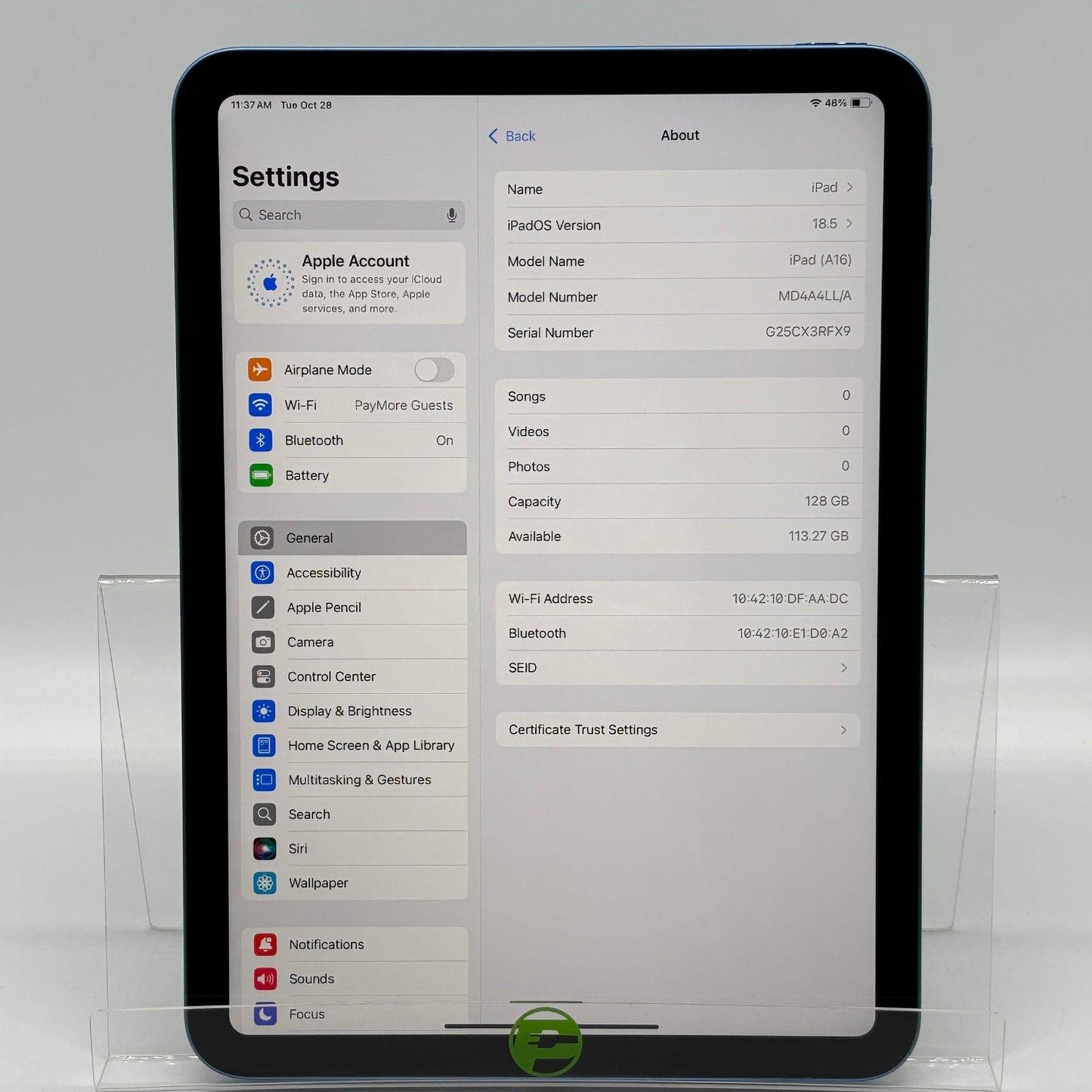 WiFi Only Apple iPad 11" (A16) 128GB 18.5 Blue MD4A4LL/A