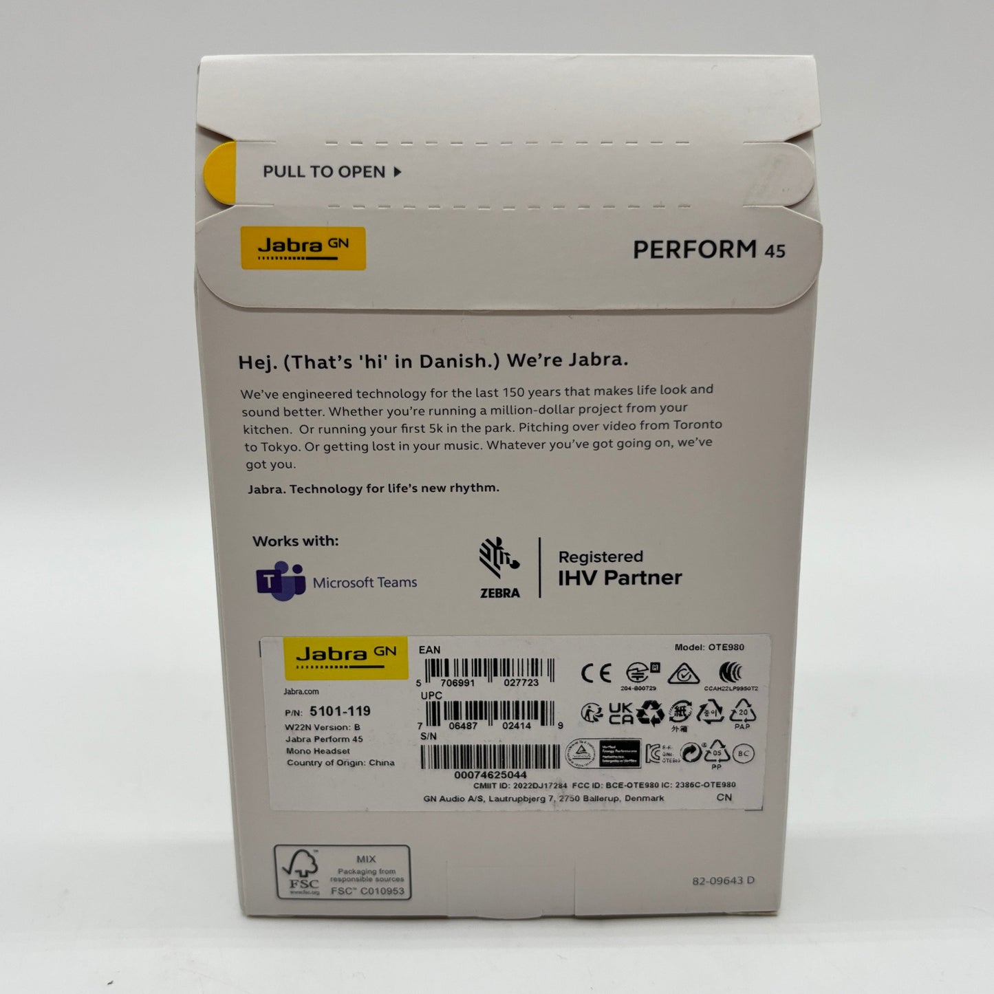 New Jabra Perform 45 Professional Wired Mono Headset Black 5101-119