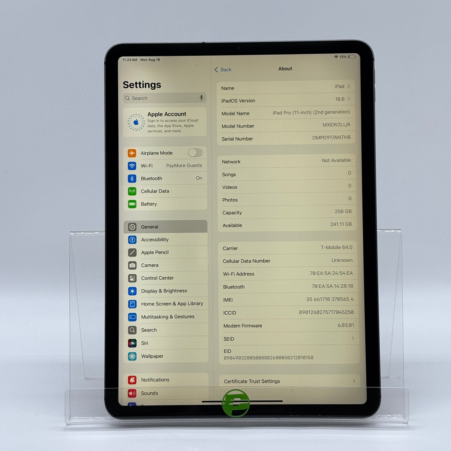 Unlocked Apple iPad Pro 11" 2nd Gen 256GB Space gray MXEW2LL/A