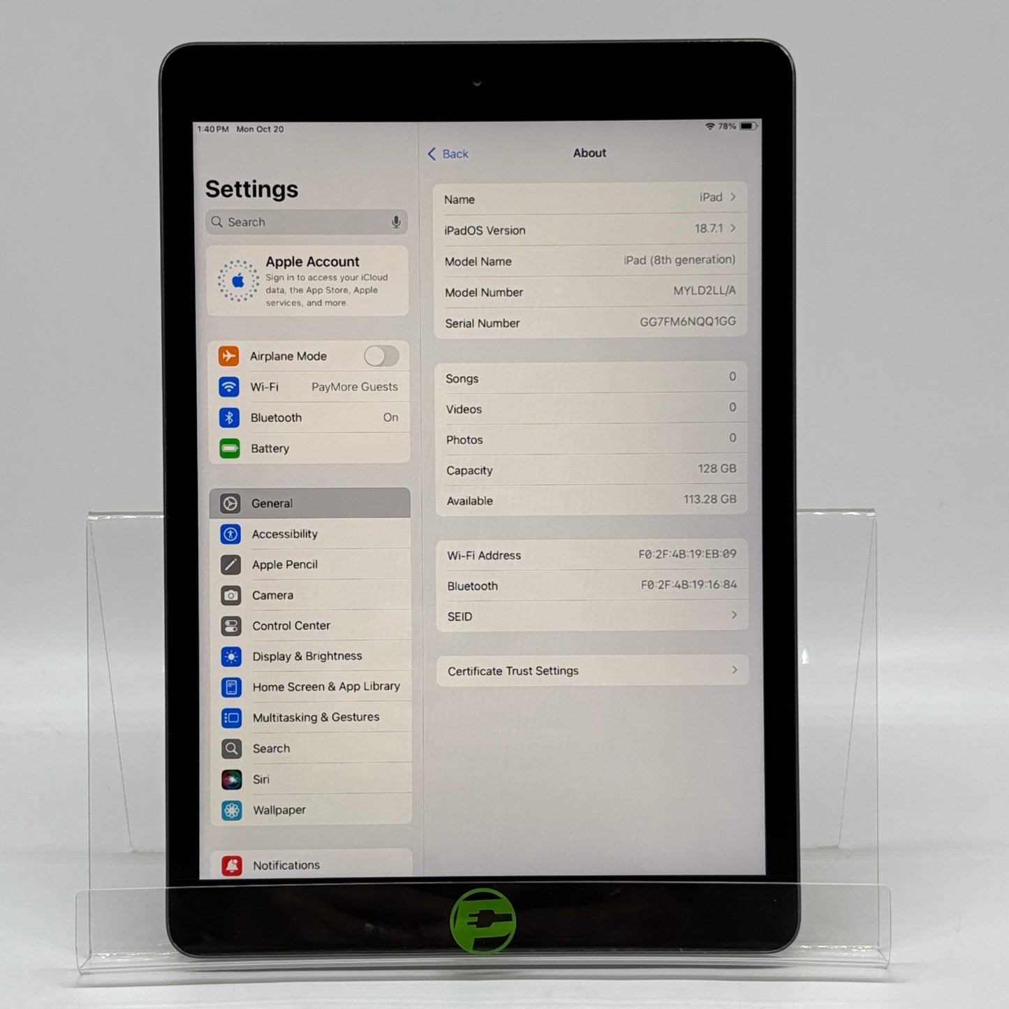 WiFi Only Apple iPad 8th Gen 32GB Space Gray MYLD2LL/A