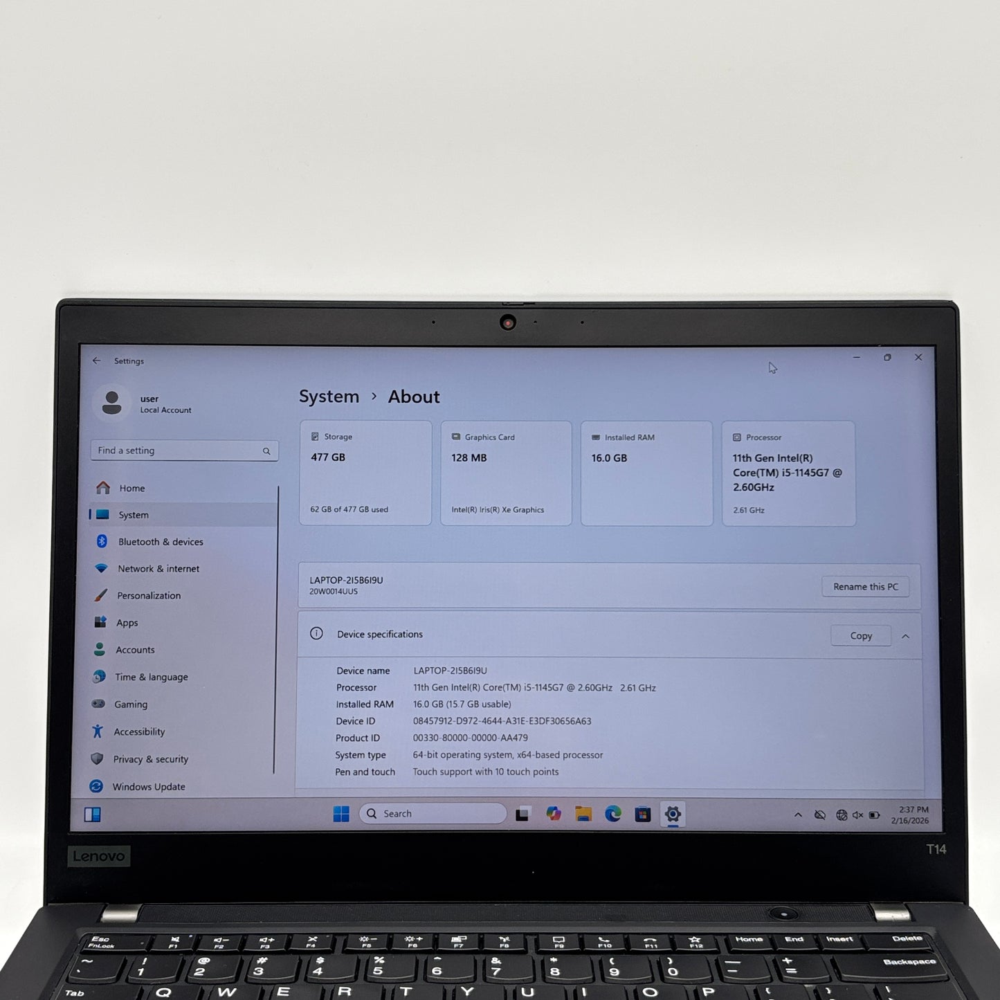 Lenovo ThinkPad T14 Gen 2 20W0014UUS 14" i5-1145G7 2.6GHz 16GB RAM 512GB SSD