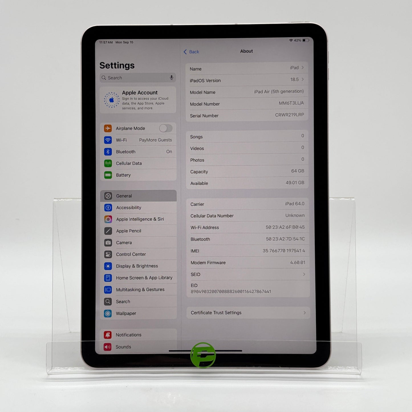 Unlocked Apple iPad Air 5th Gen 64GB Pink MM6T3LL/A