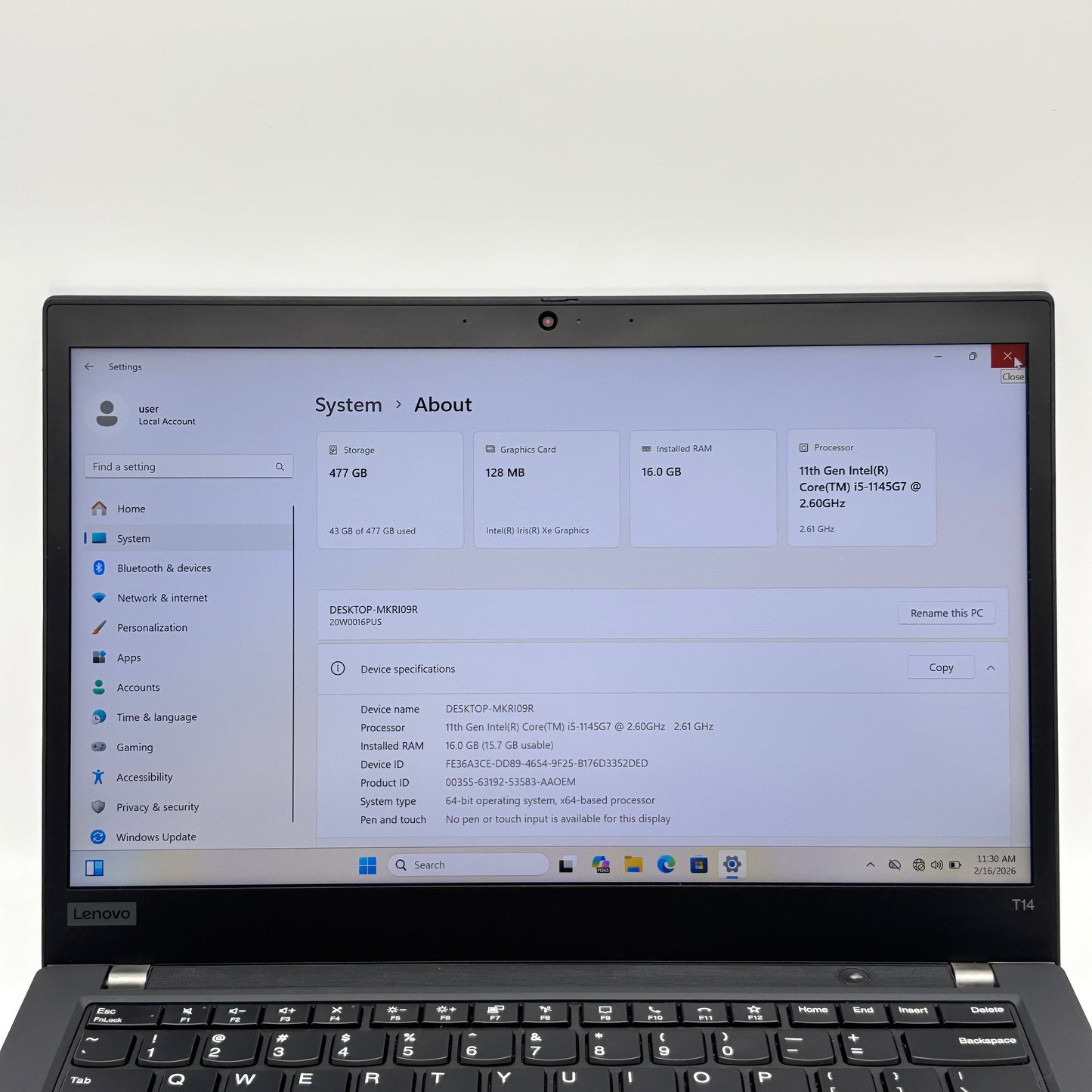 Lenovo ThinkPad T14 Gen 2 20W0016PUS 14" i5-1145G7 2.6GHz 16GB RAM 512GB SSD