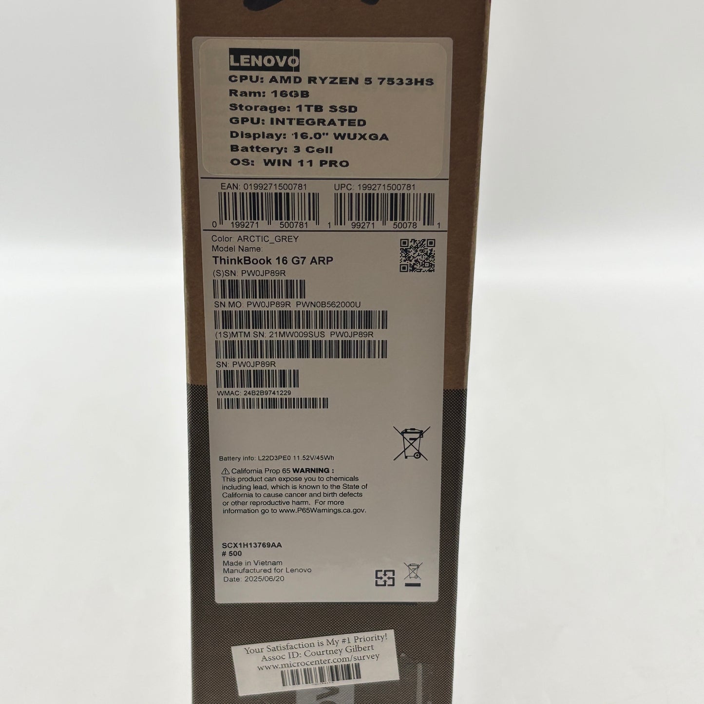 New Lenovo ThinkBook 16 G7 ARP 16" Ryzen 5 7533HS 3.3GHz 16GB RAM 1TB SSD