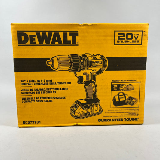 New DeWalt DCD777D1 20V MAX Brushless Cordless Compact Drill Driver Kit