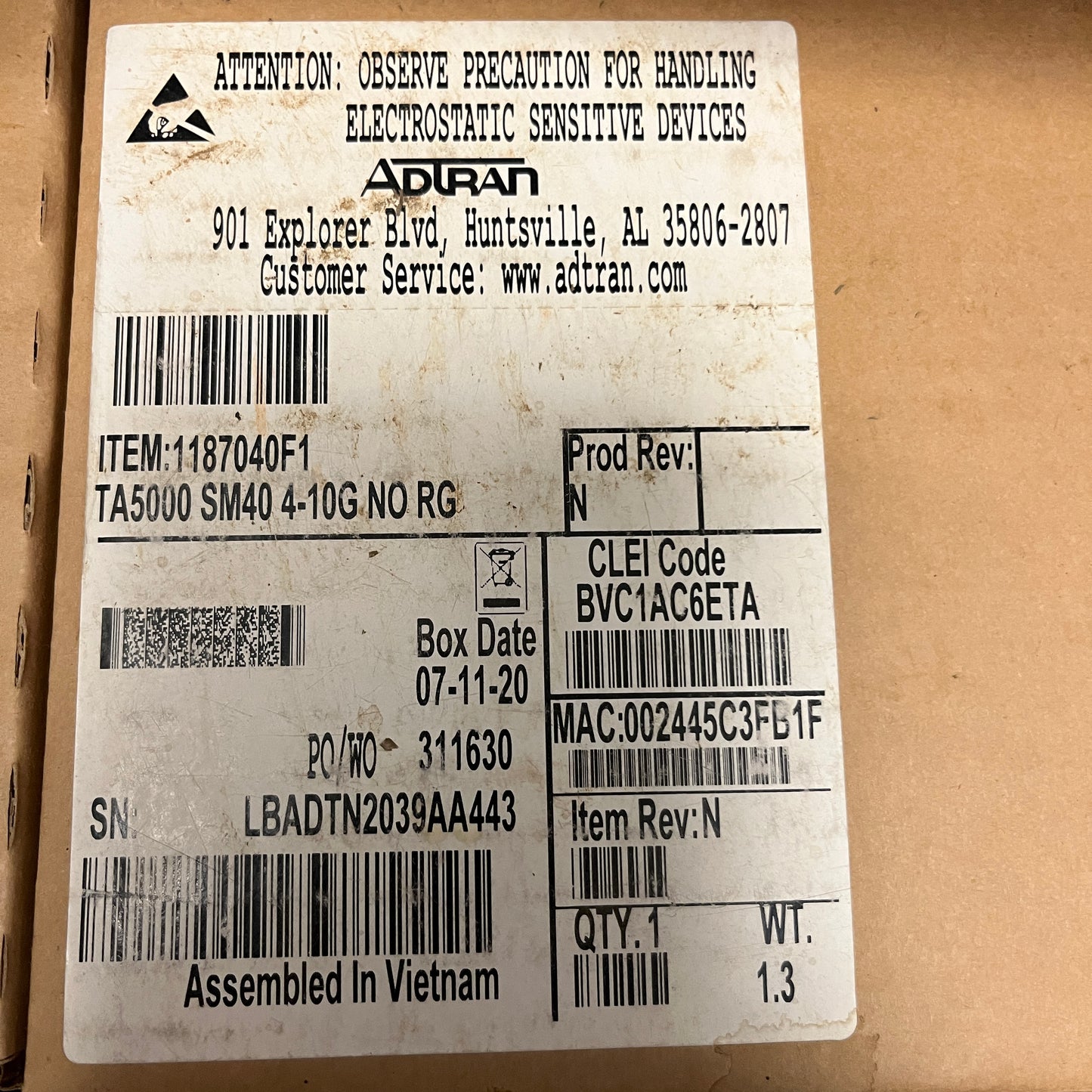 New Adtran TA5000 SM40 4-10G NO RG Switch Module40 4-10 GigE 1187040F1