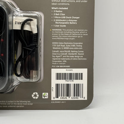 New COBRA RX685 Walkie Talkie TN3737B