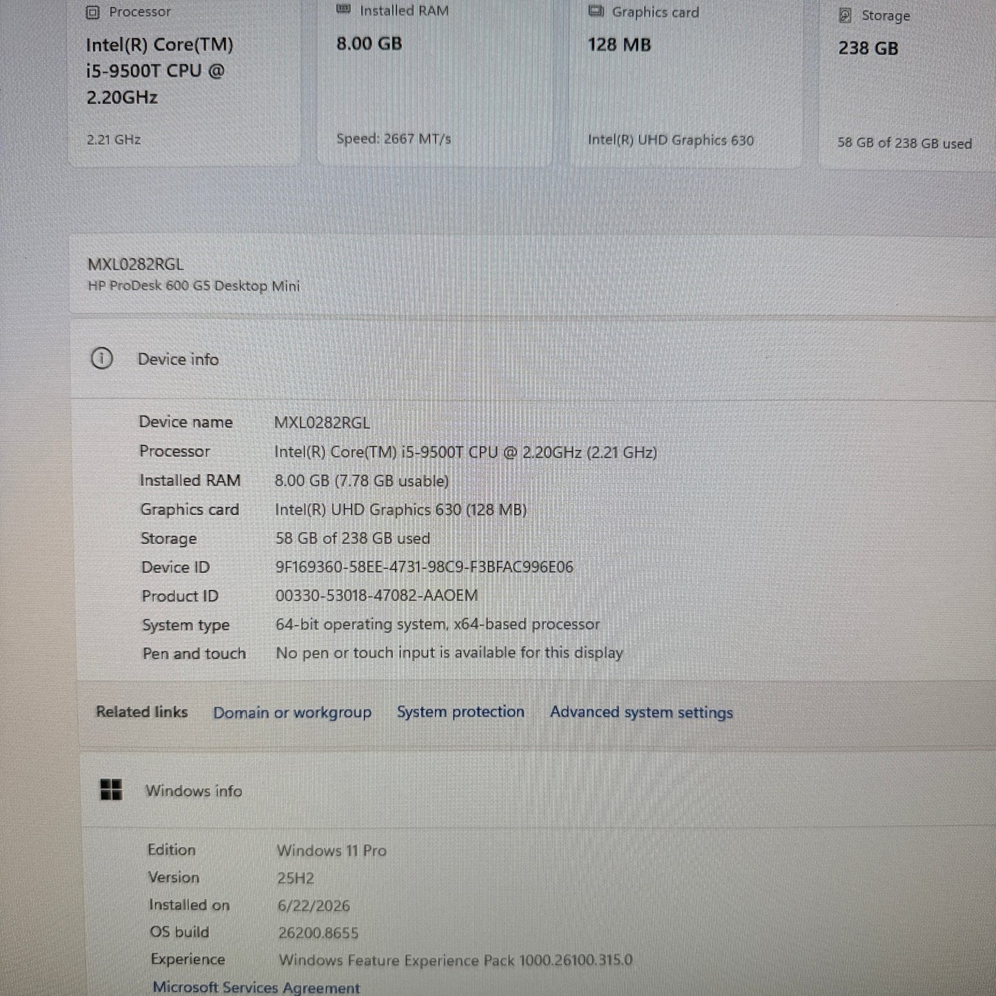 HP ProDesk 600 G5 Desktop Mini 7PD96UT#ABA Core i5-9500T 6GB RAM 256GB SSD