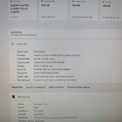 HP ProDesk 600 G5 Desktop Mini 7PD96UT#ABA Core i5-9500T 6GB RAM 256GB SSD