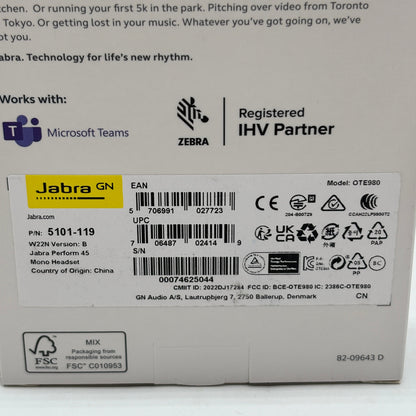 New Jabra Perform 45 Professional Wired Mono Headset Black 5101-119