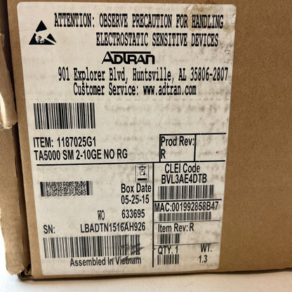 New ADTRAN TA5000 SM 2-10GE NO RG Switch Module 2-10G/2-1 GigE 18702G1