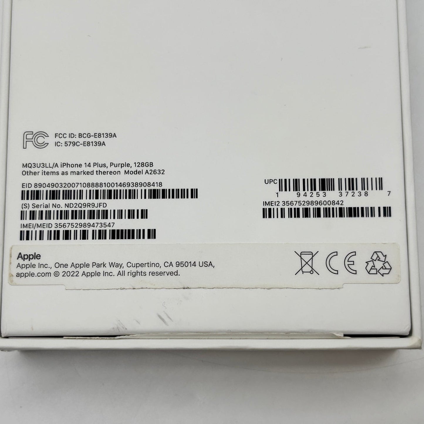 Factory Unlocked Apple iPhone 14 Plus 128GB Purple NQ3U3LL/A