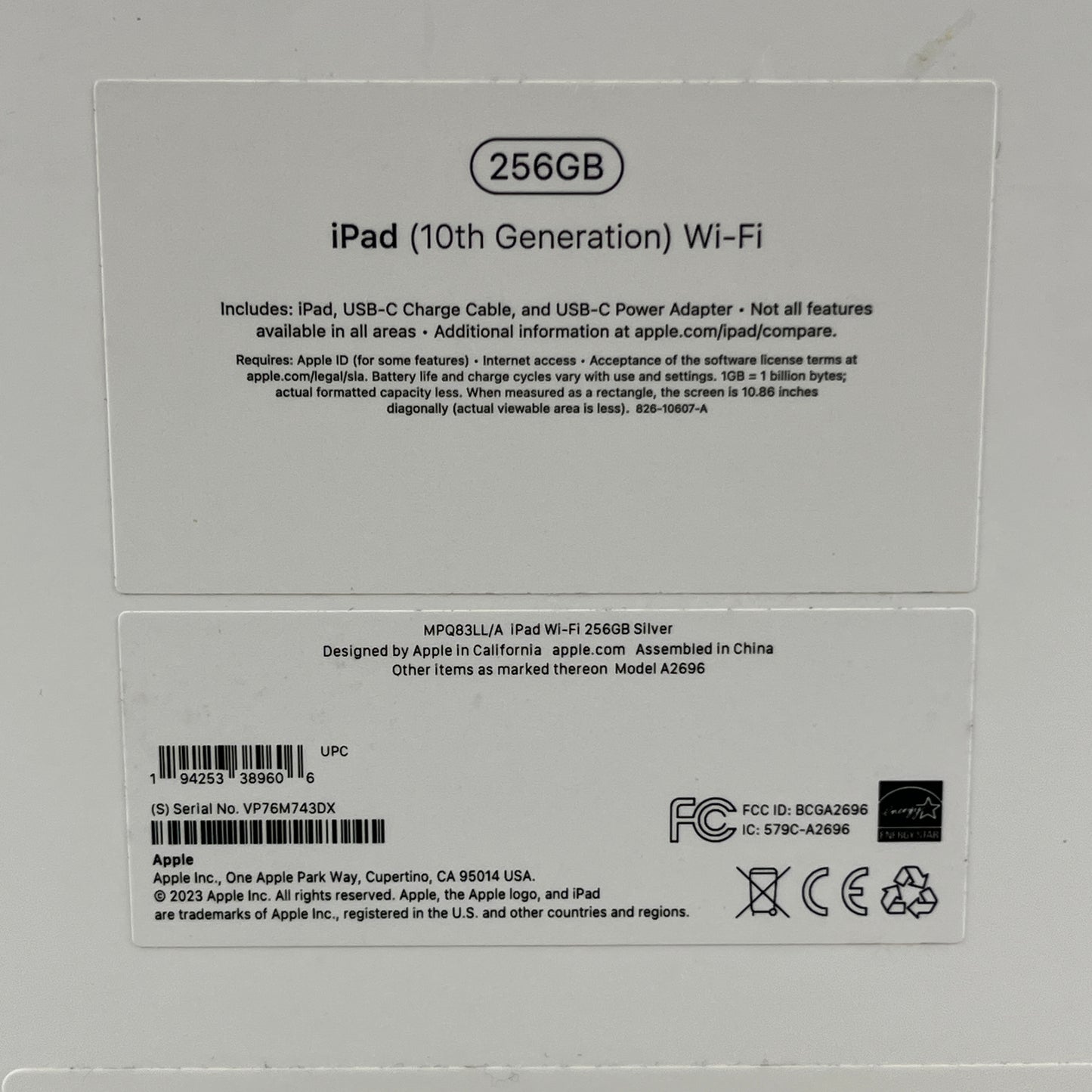 WiFi Only Apple iPad 10th Gen 256GB Silver MPQ83LL/A