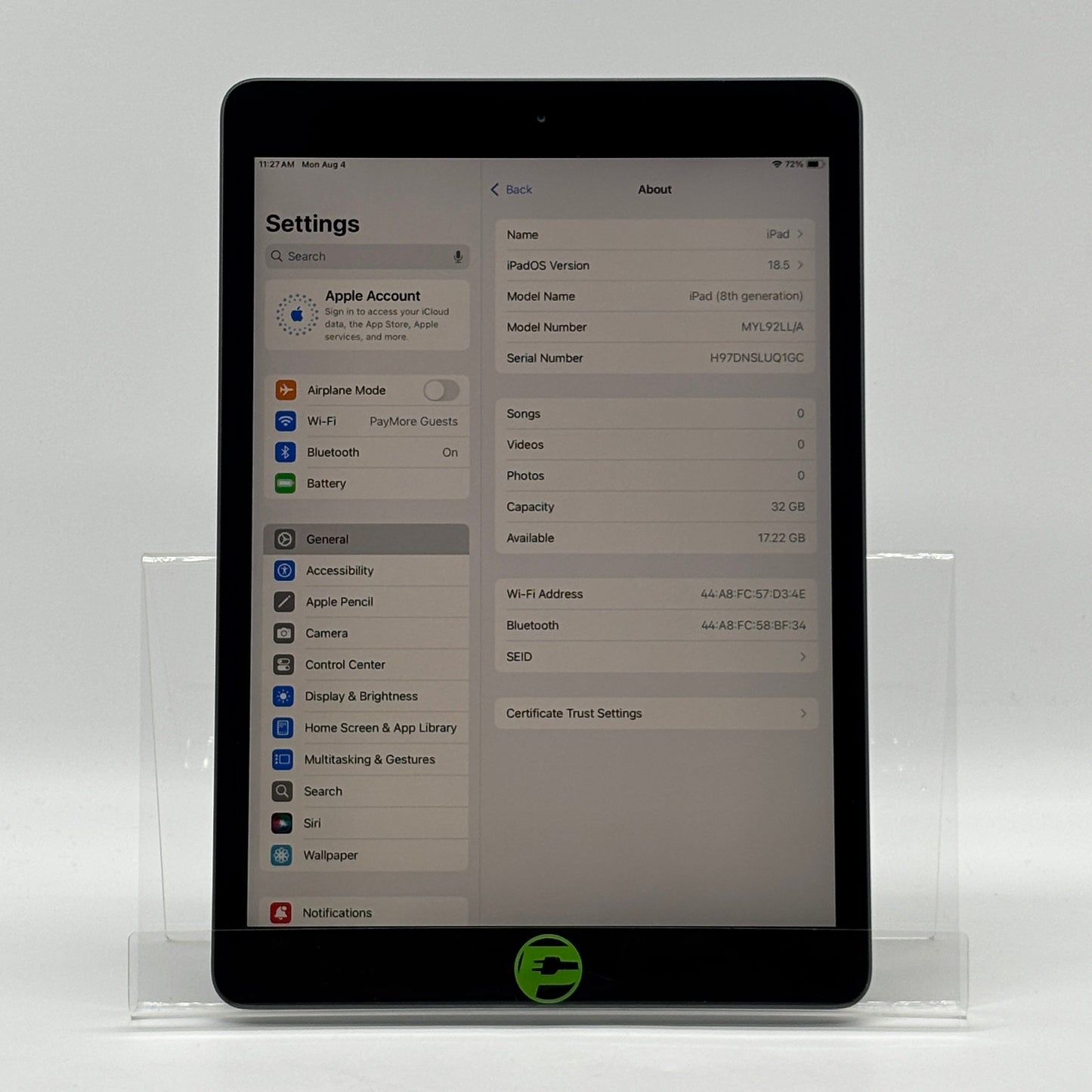 WiFi Only Apple iPad 8th Gen 32GB SPACE GRAY MYL92LL/A