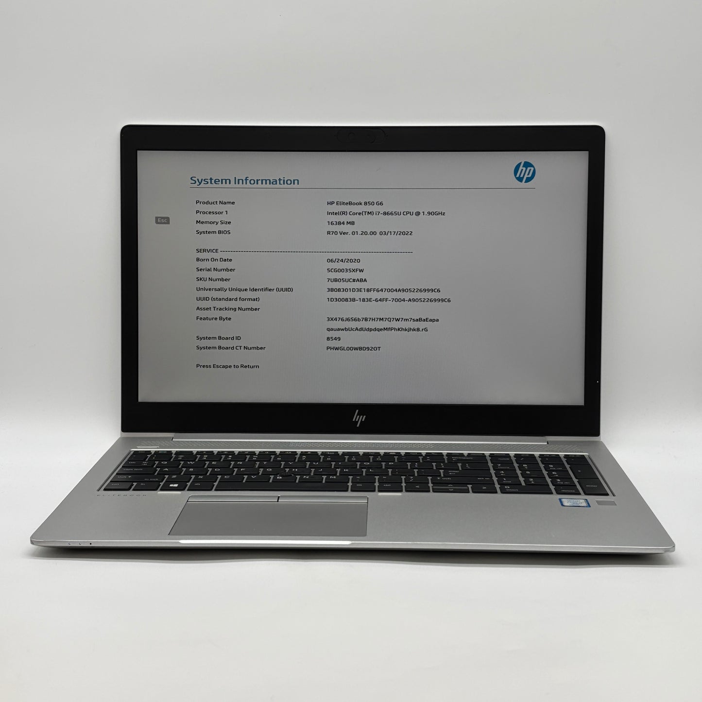 HP EliteBook 850 G6 15.6" i7-8665U 2.1GHz 16GB RAM 256GB SSD