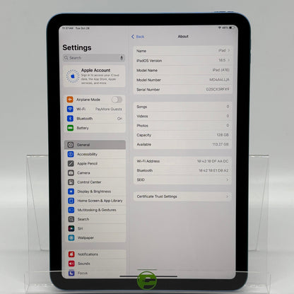 WiFi Only Apple iPad 11" (A16) 128GB 18.5 Blue MD4A4LL/A