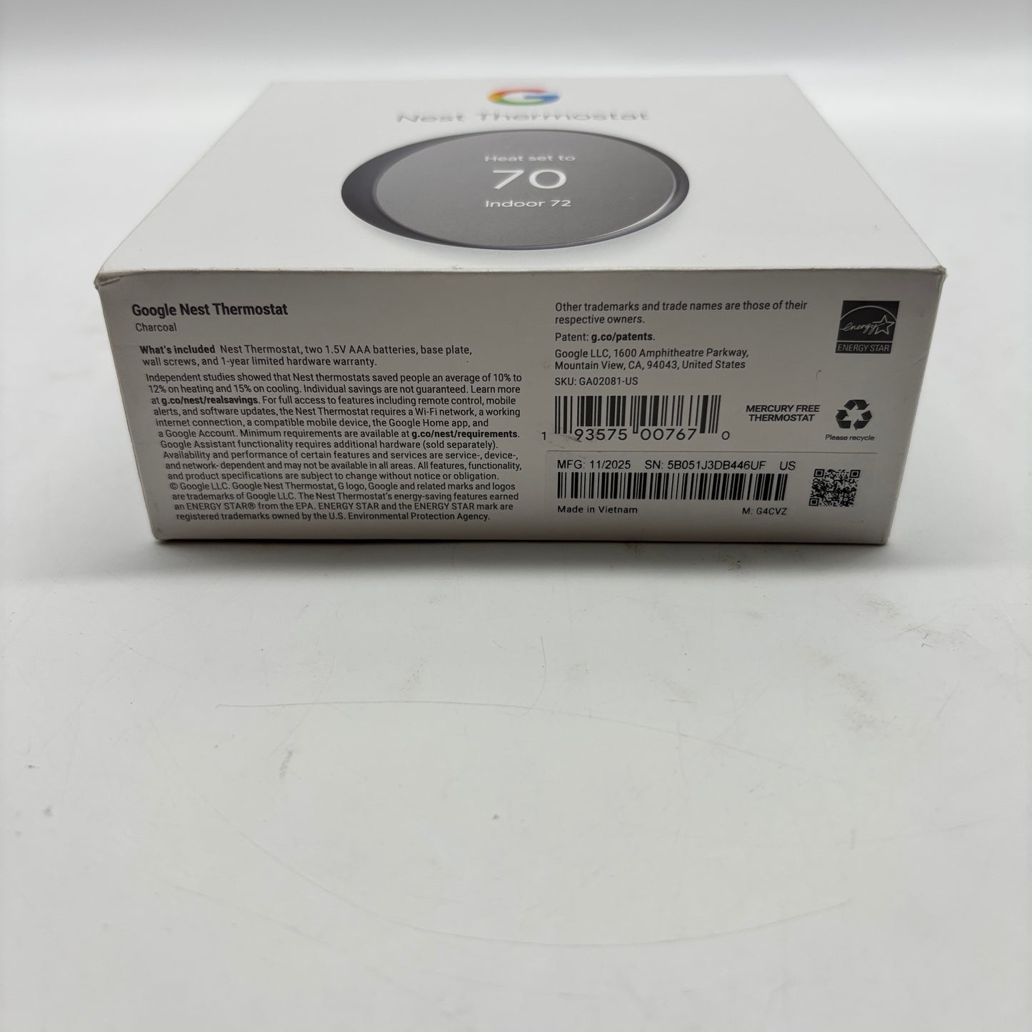 New Google Nest Smart Thermostat GA02081-US
