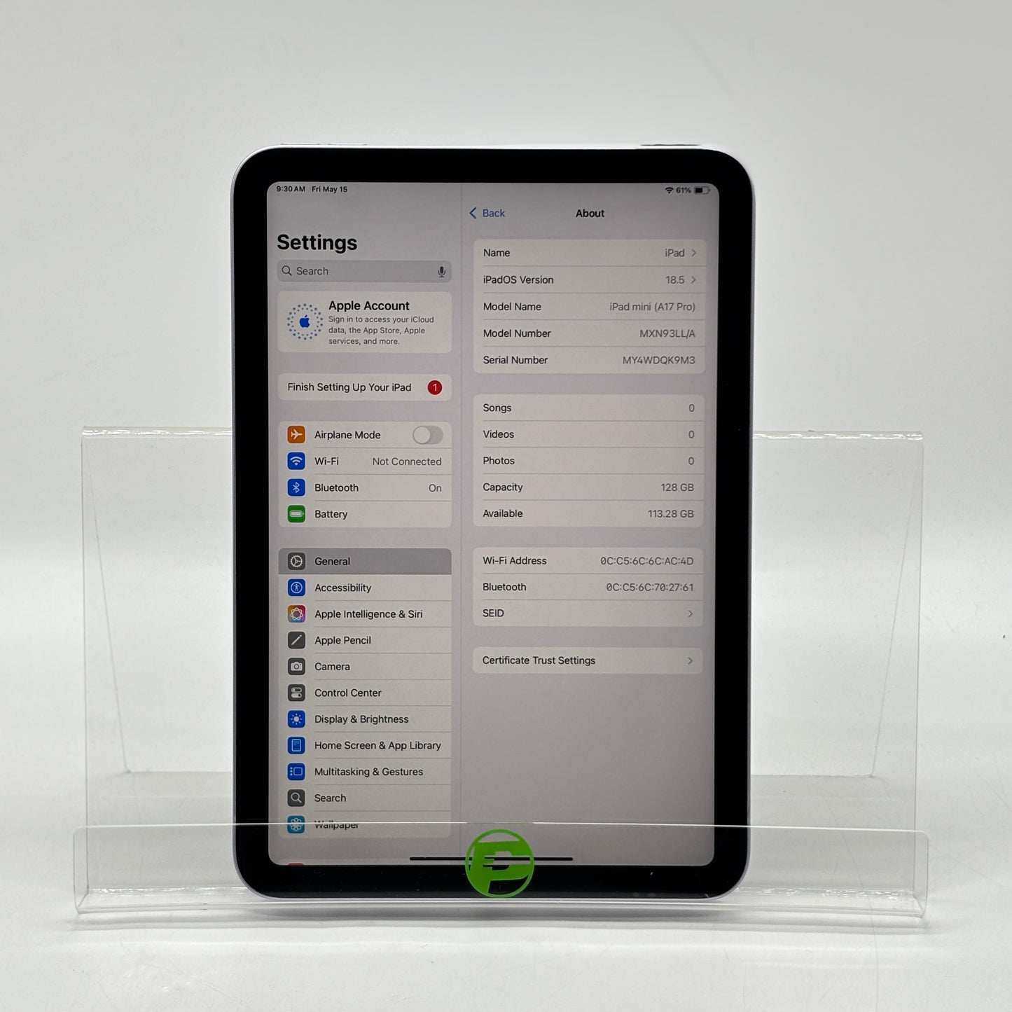 WiFi Only Apple iPad mini (A17 Pro) 128GB Purple MXN93LL/A