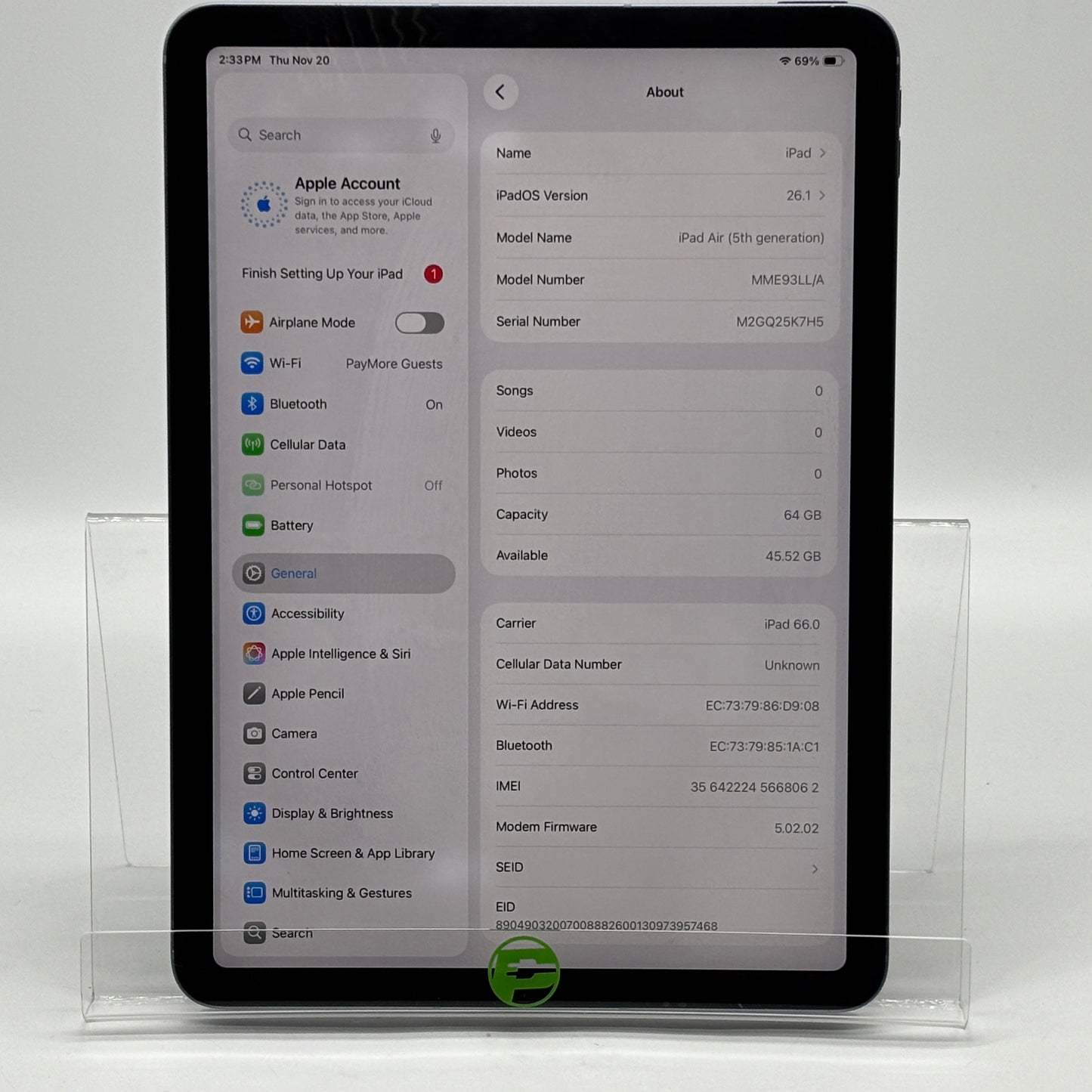 Factory Unlocked Apple iPad Air 5th Gen 64GB Purple MME93LL/A