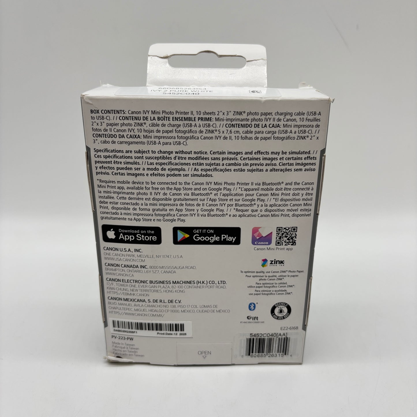 New Canon Ivy Mini Photo Printer II Pure White PV-223-PW