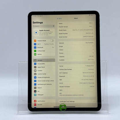Unlocked Apple iPad Pro 11" 2nd Gen 256GB Space gray MXEW2LL/A