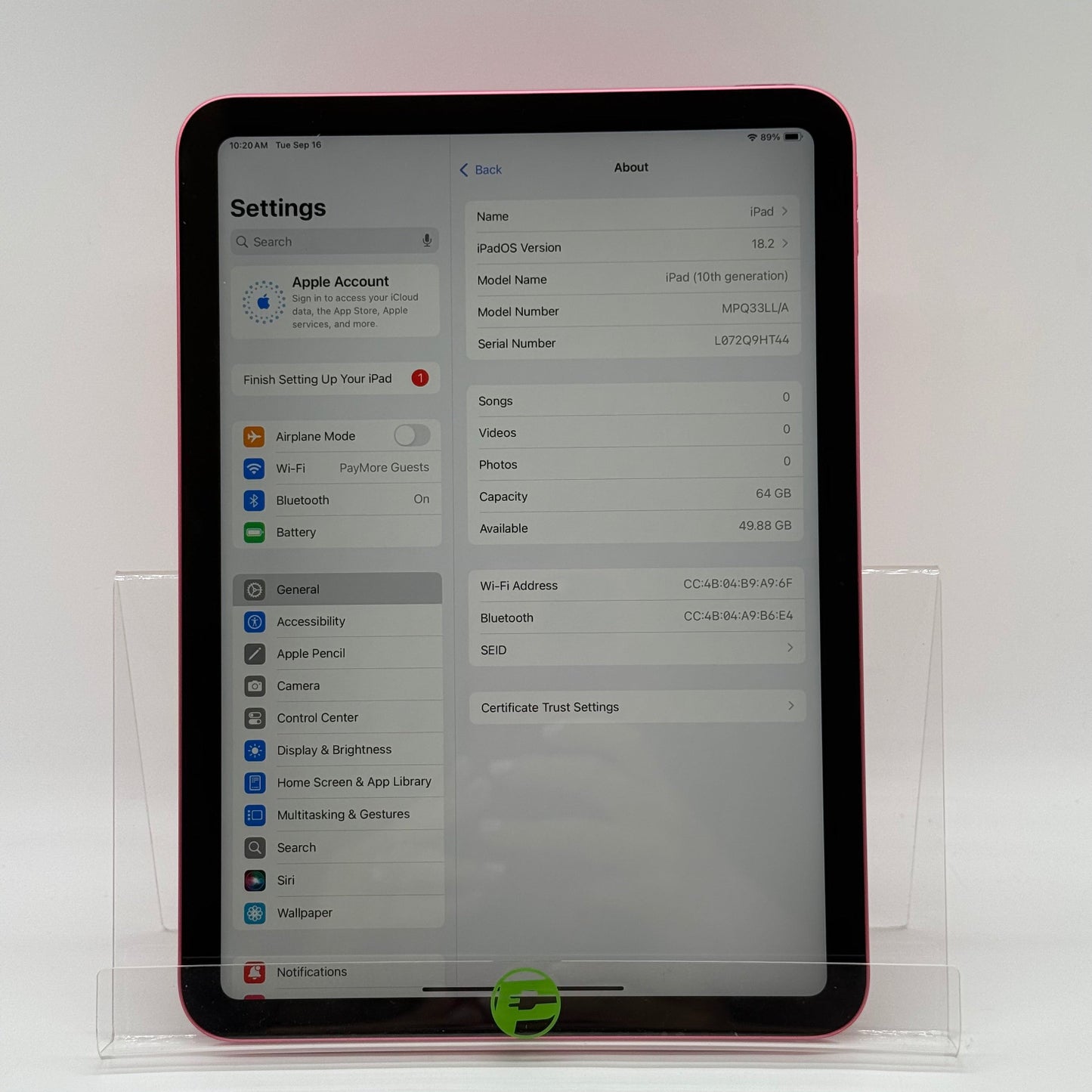 WiFi Only Apple iPad 10th Gen 64GB Pink MPQ33LL/A