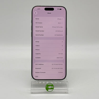 Factory Unlocked Apple iPhone 16 Pro Max 512GB White Titanium MYW83LL/A