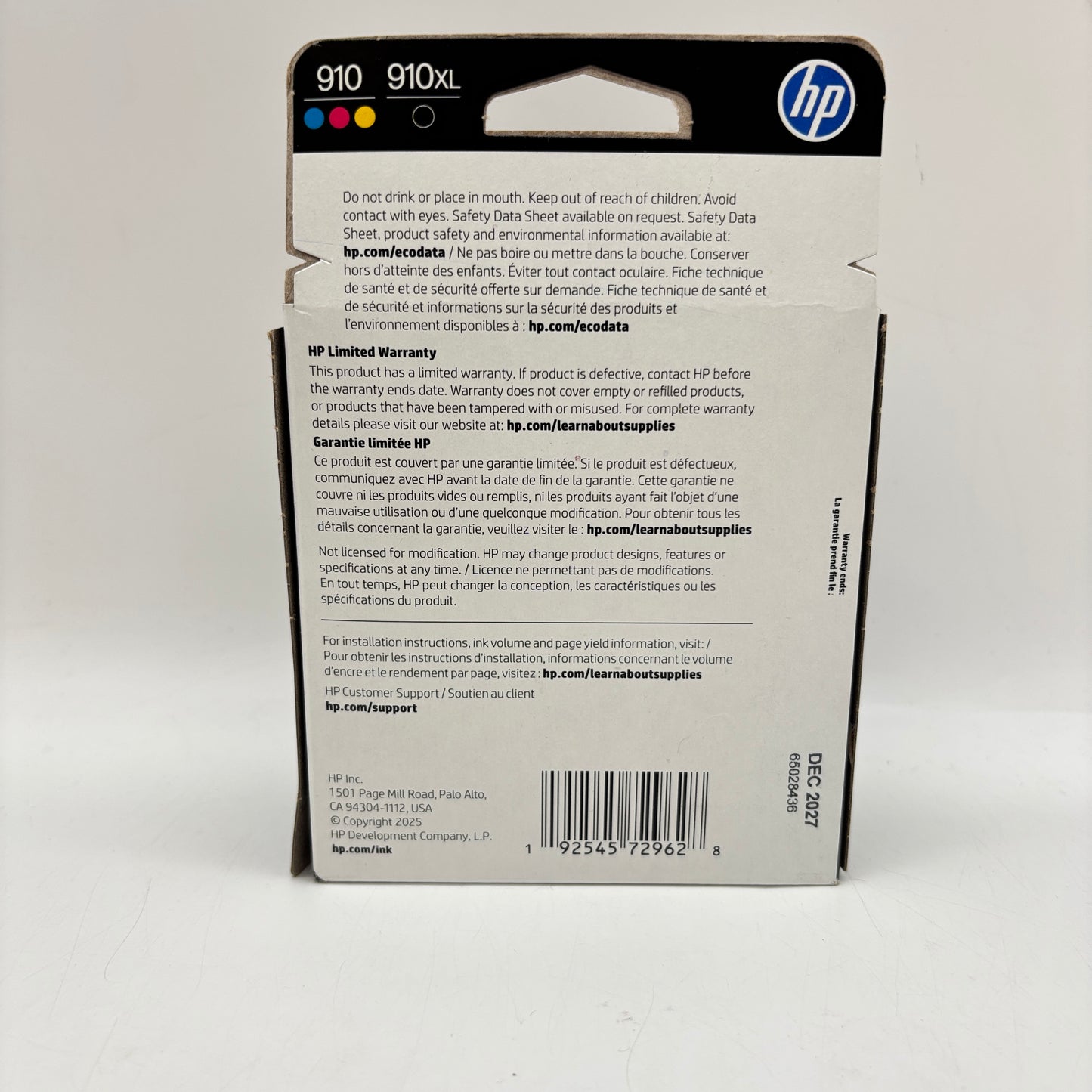 New HP 910XL Black, Yellow, Cyan and Magenta Ink Cartridge EXP 12/2027