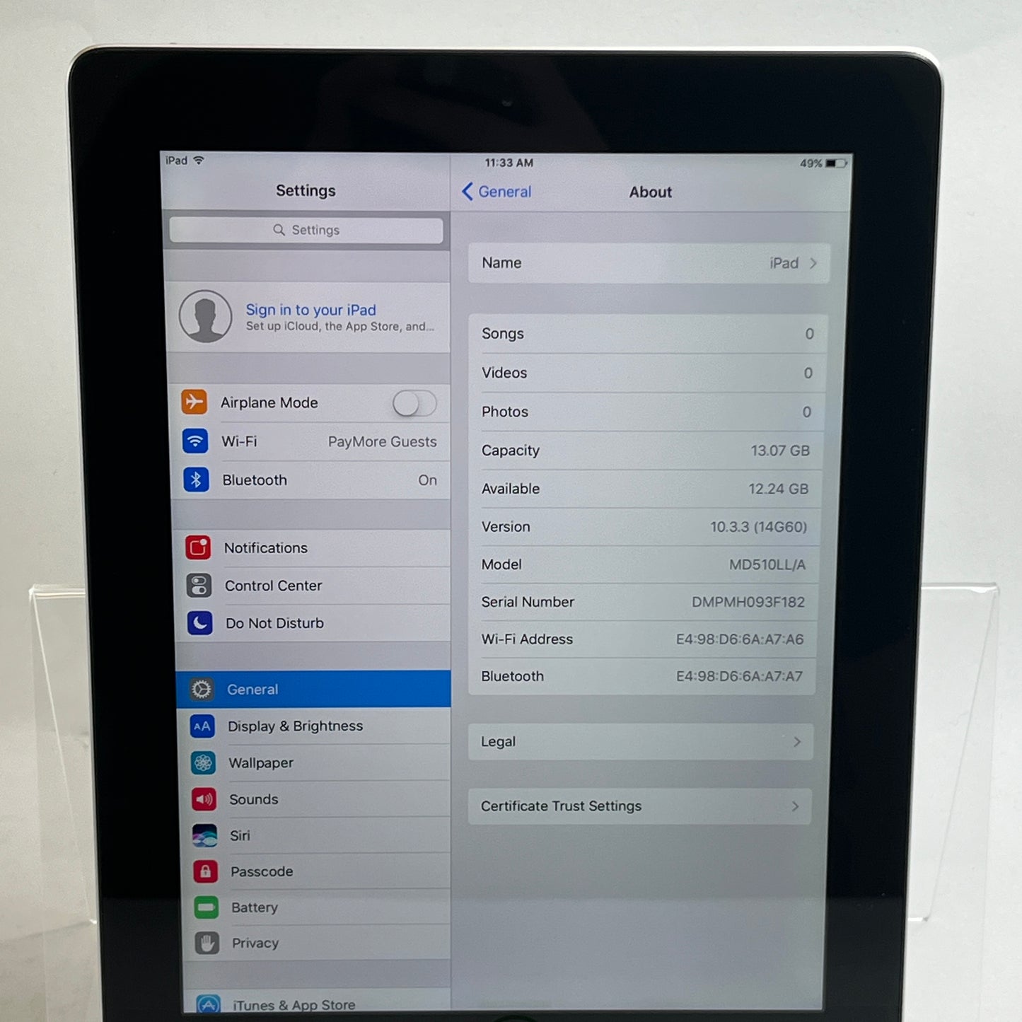 WiFi Only Apple iPad 4th Gen 16GB 10.3.3 Silver A1458