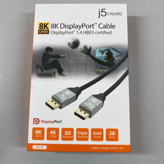 New j5create 8K DisplayPort Cable Black JDC43 8K@60Hz 4K@120Hz 6.6ft